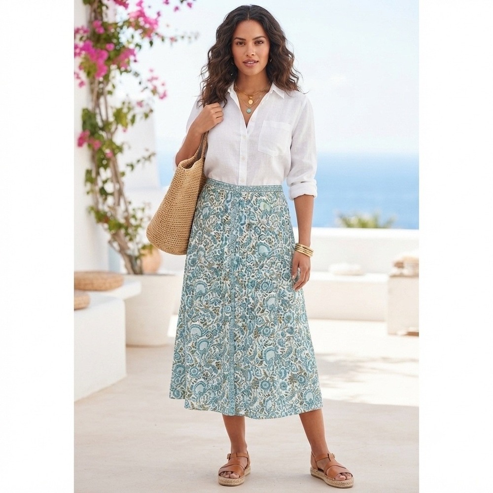 Rachel Zoe Skirt Wms L Blue 100% Linen Floral Button Front Midi Resort Boho
